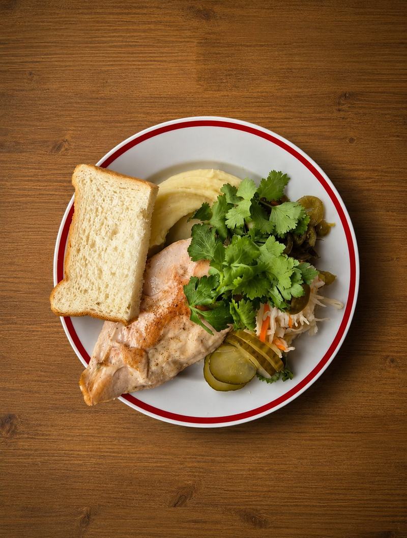 Грудка цыплёнка с пюре, соленьями и кинзой
