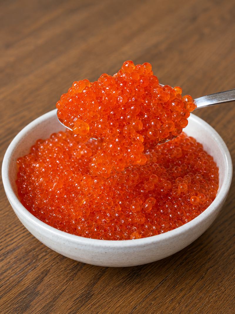 Красная икра в миске с ложкой